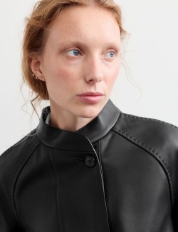 Pure Leather Collarless Short Jacket