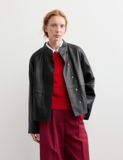 Pure Leather Collarless Short Jacket