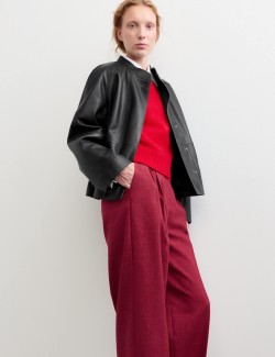 Pure Leather Collarless Short Jacket