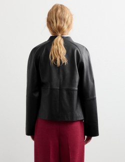 Pure Leather Collarless Short Jacket