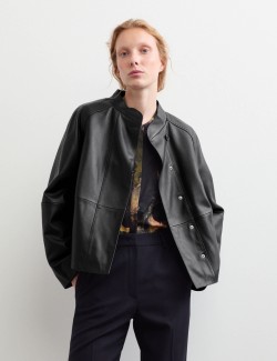 Pure Leather Collarless Short Jacket