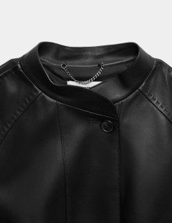 Pure Leather Collarless Short Jacket