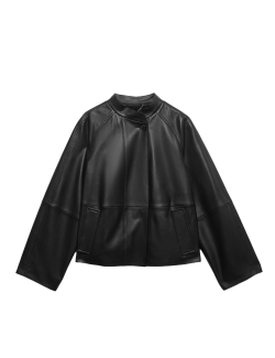 Pure Leather Collarless Short Jacket