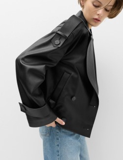 Faux Leather Revere Collar Short Jacket