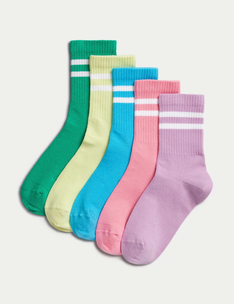 5pk Cotton Rich Ribbed Striped Sport Socks (6 Small - 7 Large)