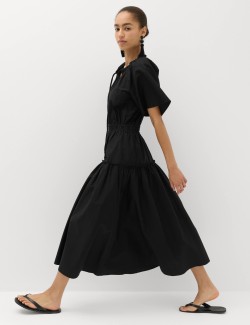 Pure Cotton Tie Neck Midi Waisted Dress