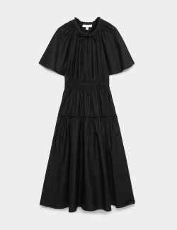 Pure Cotton Tie Neck Midi Waisted Dress