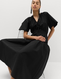 Pure Cotton Tie Neck Midi Waisted Dress