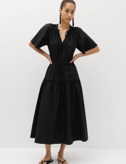 Pure Cotton Tie Neck Midi Waisted Dress
