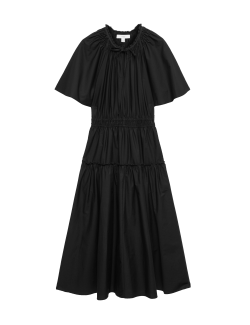 Pure Cotton Tie Neck Midi Waisted Dress