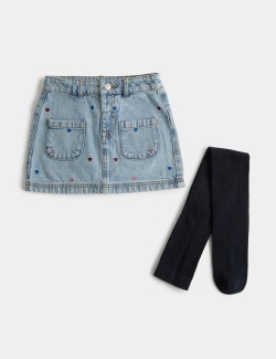 Heart Embroidered Denim Skirt with Tights (2-8 Yrs)