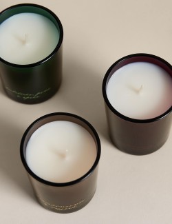 Sada tří vonných svíček s vůní mandarinky, hřebíčku a skořice, kadidla a myrhy, klementinky, jedle a koření, 3 x 70 g