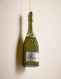 Skleněná závěsná ozdoba na stromeček ve tvaru láhve prosecca