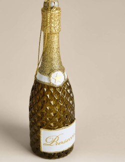 Skleněná závěsná ozdoba na stromeček ve tvaru láhve prosecca