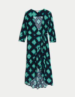 Printed V-Neck Midi Wrap Dress