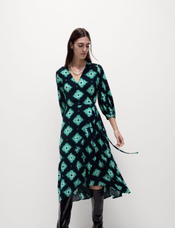 Printed V-Neck Midi Wrap Dress