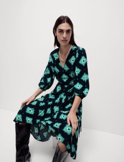 Printed V-Neck Midi Wrap Dress