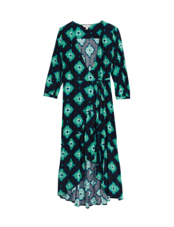 Printed V-Neck Midi Wrap Dress