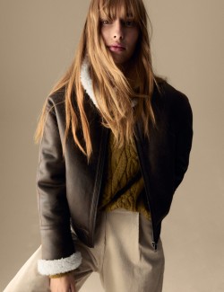 Faux Shearling Collared Bomber Jacket