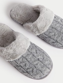 Cable Knit Faux Fur Lined Mule Slippers