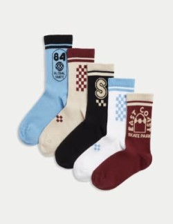 5pk Cotton Rich Ribbed Skater Sports Socks (6 Small-7 Large)