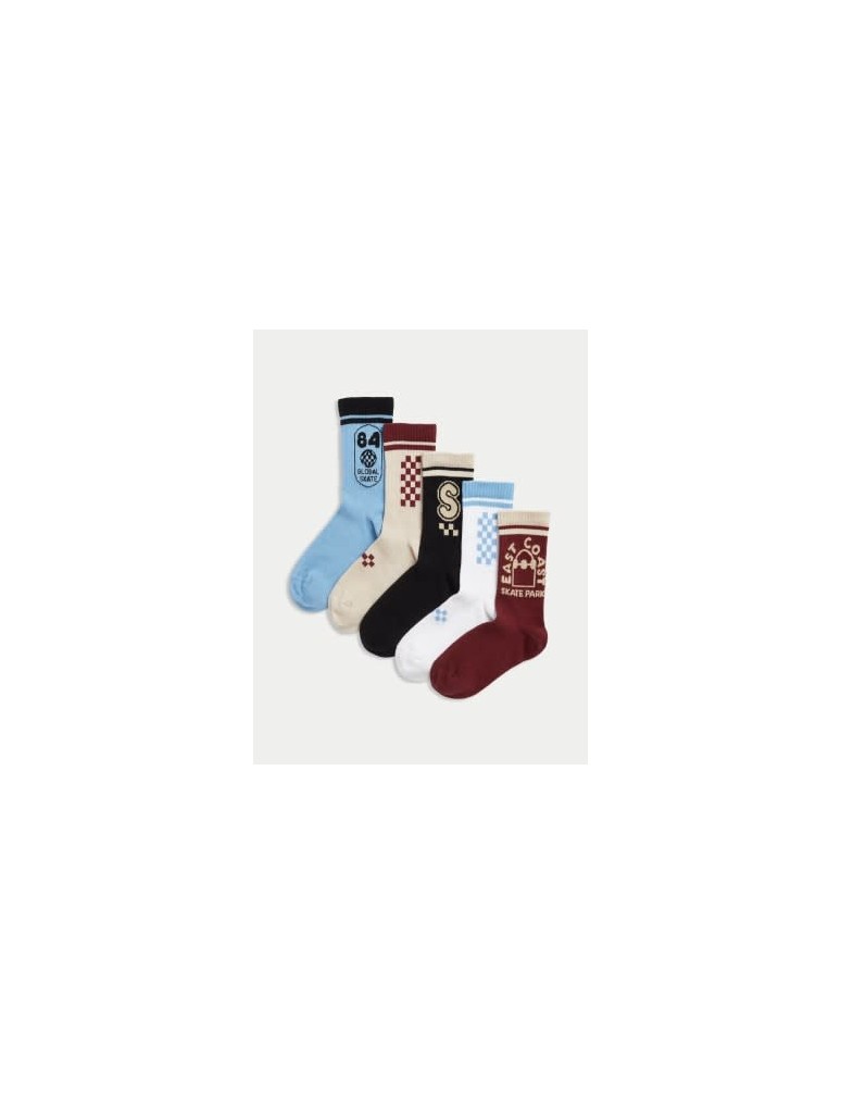 5pk Cotton Rich Ribbed Skater Sports Socks (6 Small-7 Large)