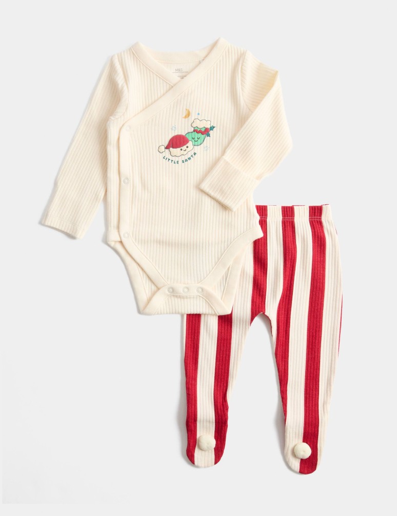 Dvoudílný kojenecký outfit s motivem malého Santy a vysokým podílem bavlny (0–12 měsíců)