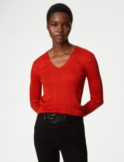 Sparkly Ribbed V-Neck Knitted Top