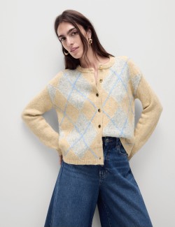 Argyle Crew Neck Cardigan with Wool