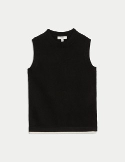 Air-Yarn Crew Neck Tipped Detail Knitted Vest