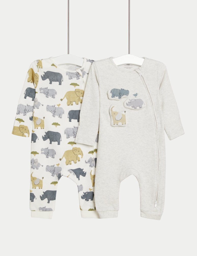 2pk Pure Cotton Animal Sleepsuits (0-3 Yrs)