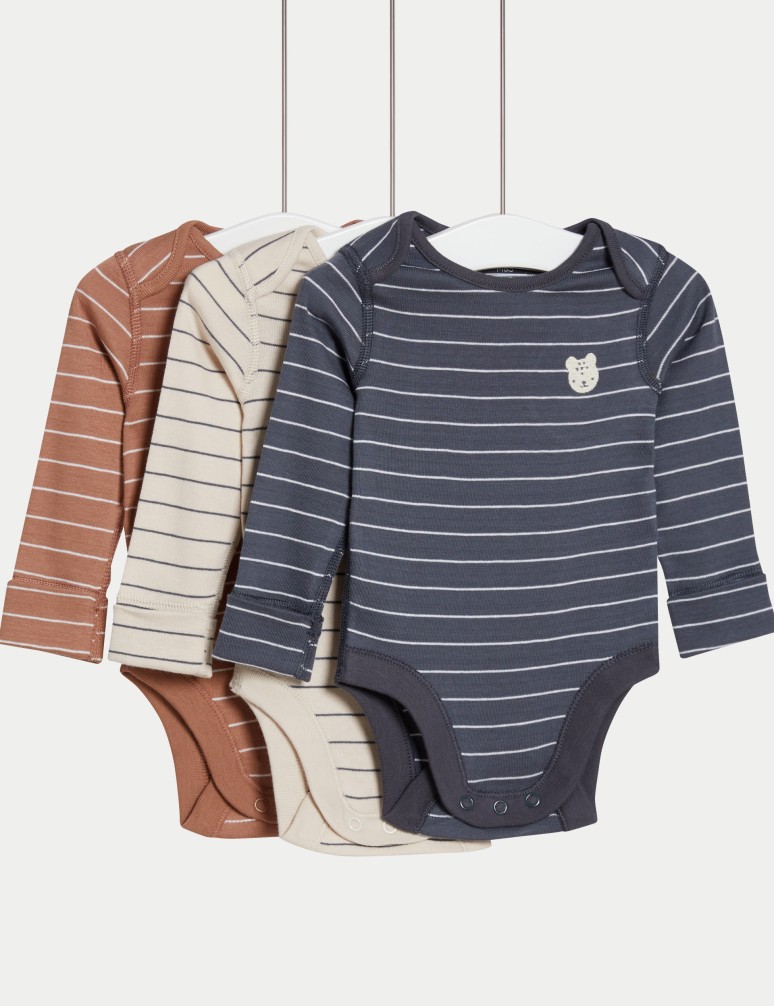 3pk Pure Cotton Striped & Bear Bodysuits (0-3 Yrs)