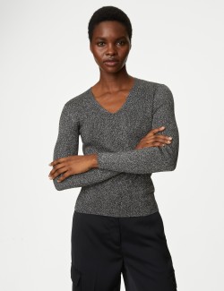 Sparkly Ribbed V-Neck Knitted Top