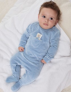 Cotton Rich Velour Striped Bear Sleepsuit (7lbs-1 Yrs)