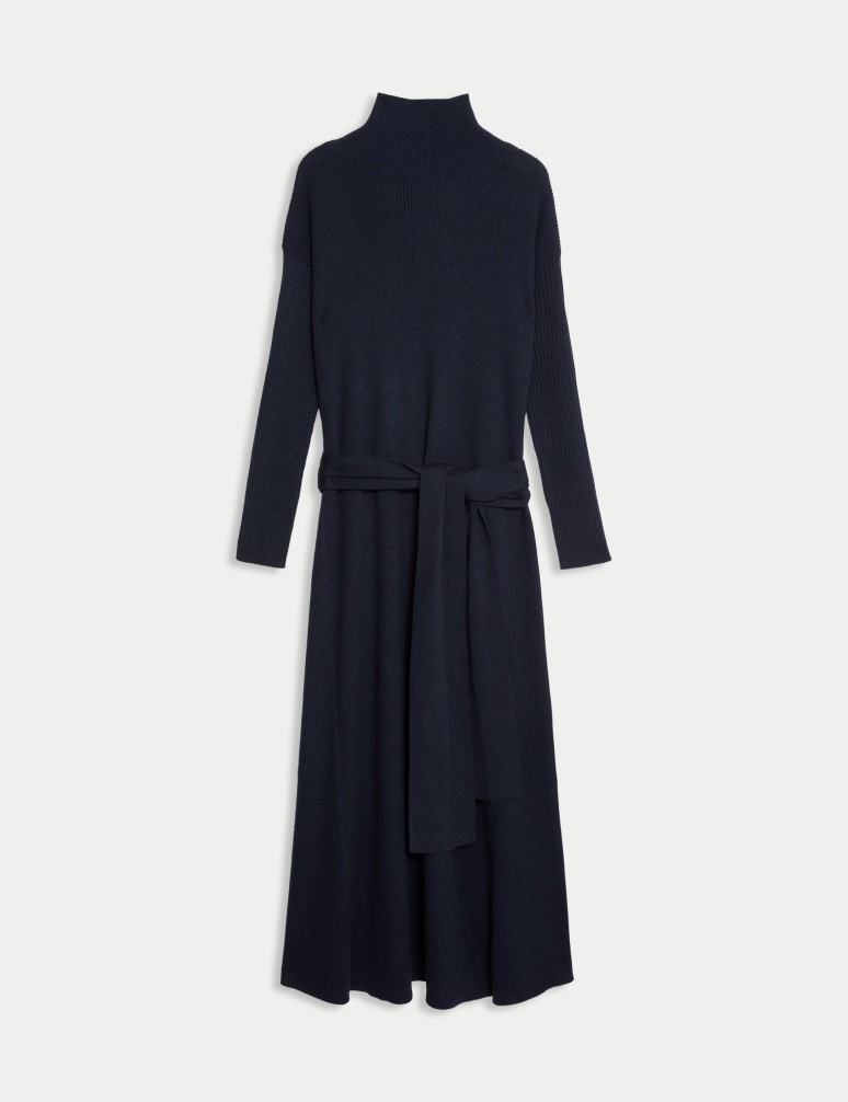 Pure Merino Wool Knitted Funnel Neck Dress