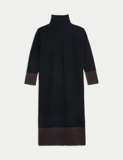 Merino Wool Rich Colour Block Funnel Neck Midi Column Dress