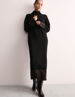 Merino Wool Rich Colour Block Funnel Neck Midi Column Dress