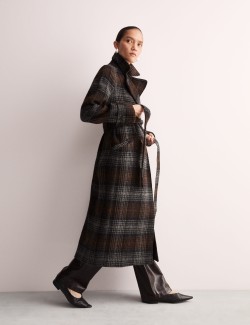 Pure Wool Checked Double Breasted Wrap Coat