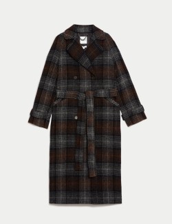 Pure Wool Checked Double Breasted Wrap Coat