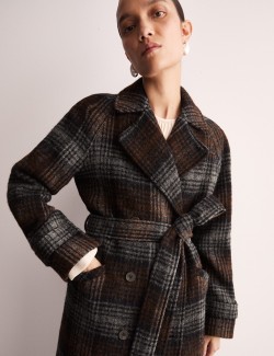 Pure Wool Checked Double Breasted Wrap Coat