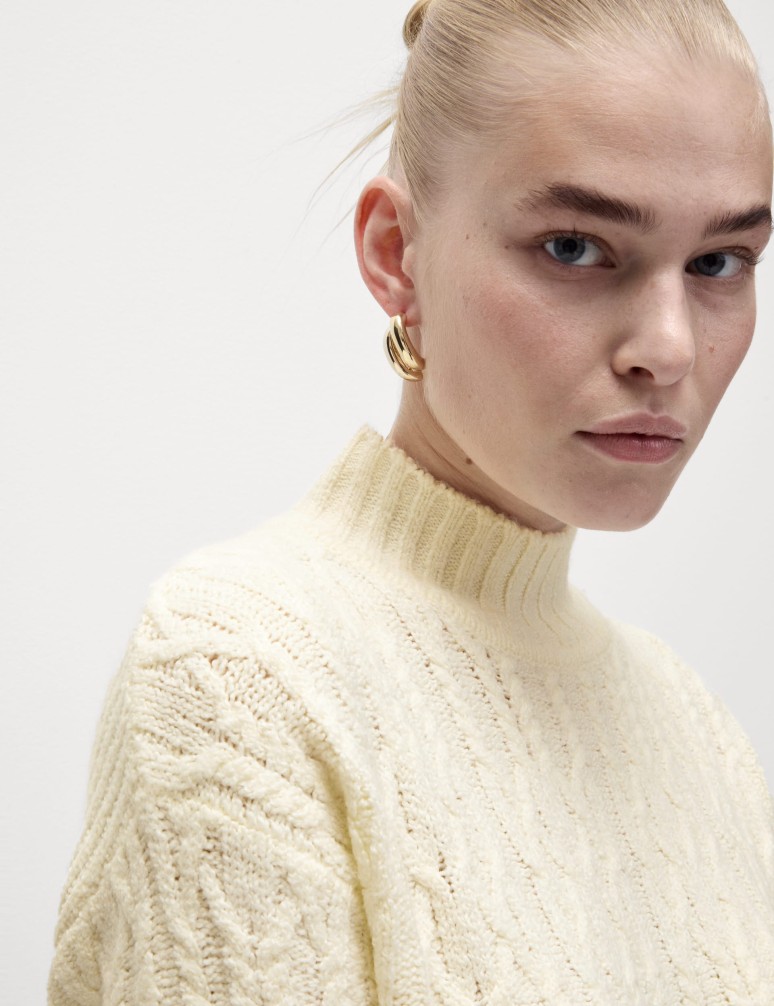 Cable Knit Funnel Neck Jumper with Wool