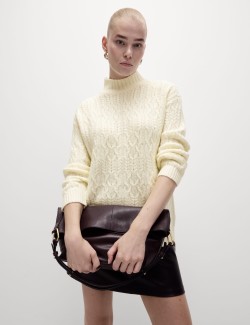 Cable Knit Funnel Neck Jumper with Wool