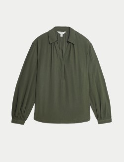 Lyocell Rich Collared V-Neck Popover Blouse