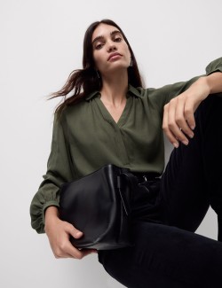 Lyocell Rich Collared V-Neck Popover Blouse