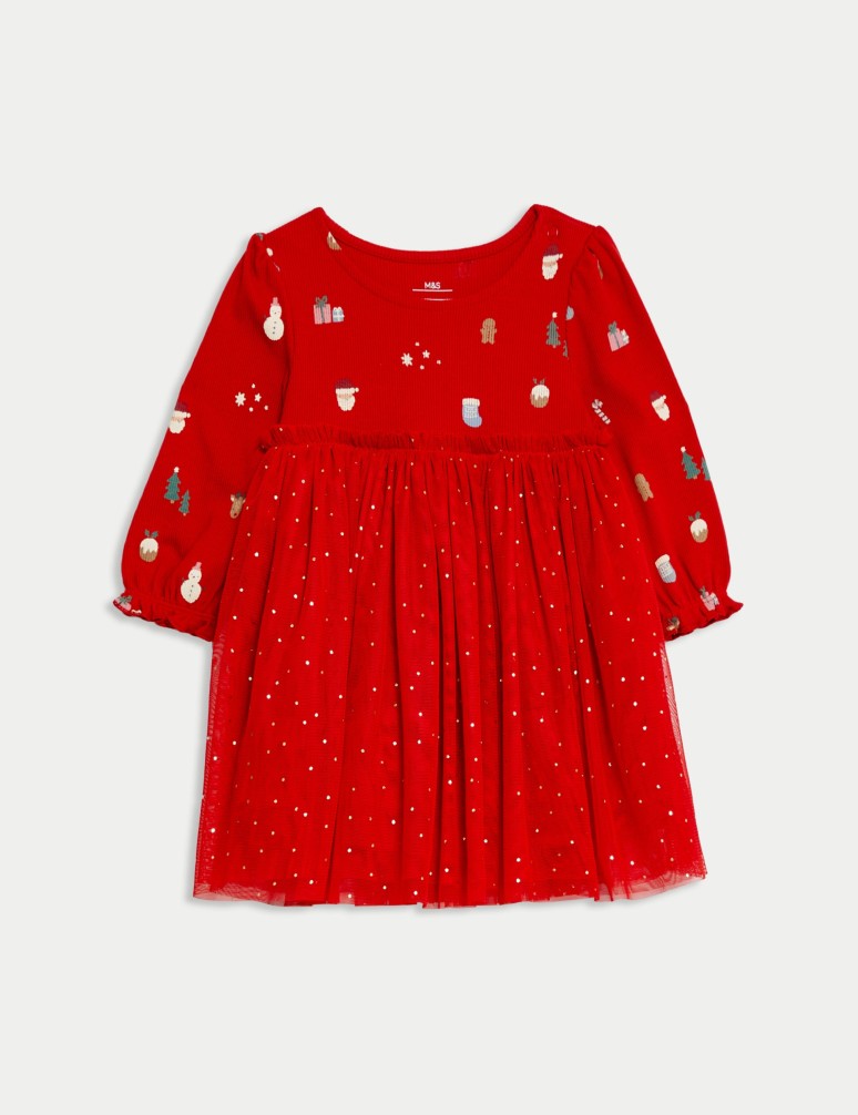 Jersey and Tulle Christmas Print Dress (0-8 Yrs)