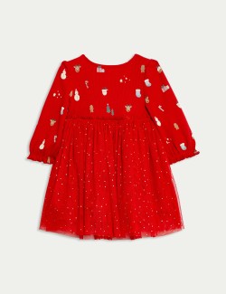 Jersey and Tulle Christmas Print Dress (0-8 Yrs)