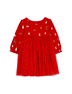 Jersey and Tulle Christmas Print Dress (0-8 Yrs)