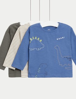 3pk Pure Cotton Dinosaur & Striped Tops (0-3 Yrs)