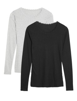 2pk Pointelle Thermal Long Sleeve Tops