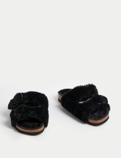 Faux Fur Buckle Slider Slippers